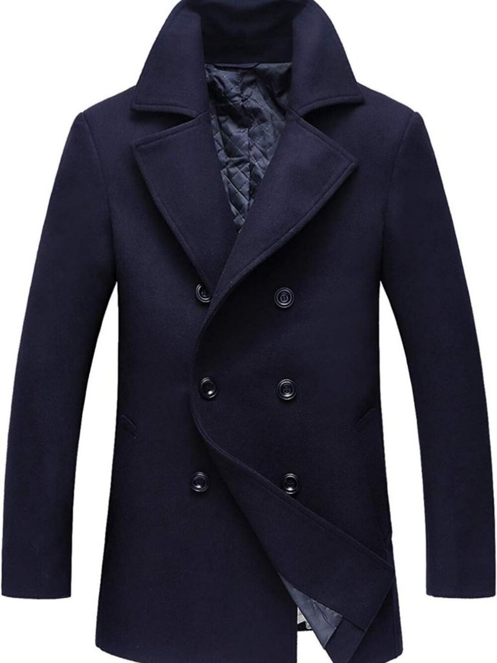 Stylish Men's Double Breasted Wool Blend Pea Coat with Notched Collar - Classic